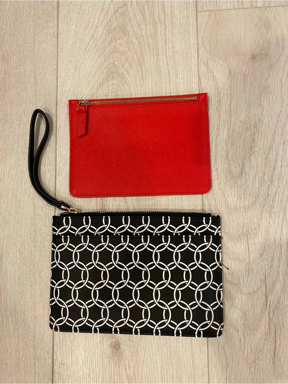 NWOT Chico's Black & White patterned Wristlet and red envelope style pouch